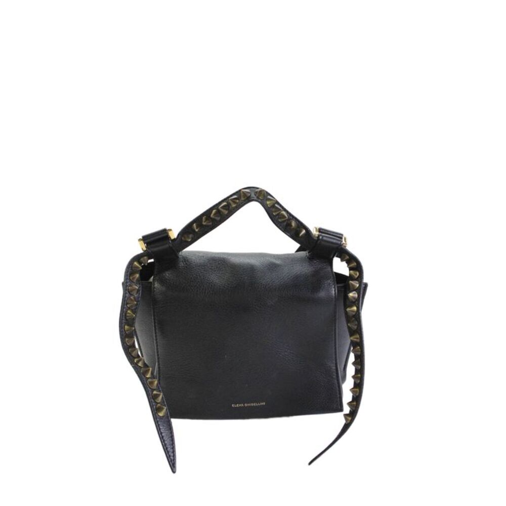 Elena Ghisellini Womens Leather Studded Crossbody Shoulder Handbag Black